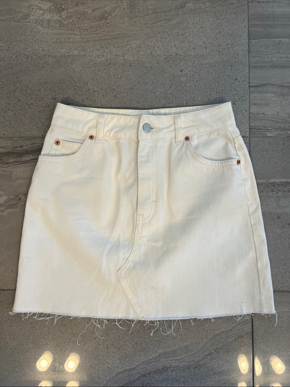 Topshop Cream Denim Mini Skirt with Frayed Hem